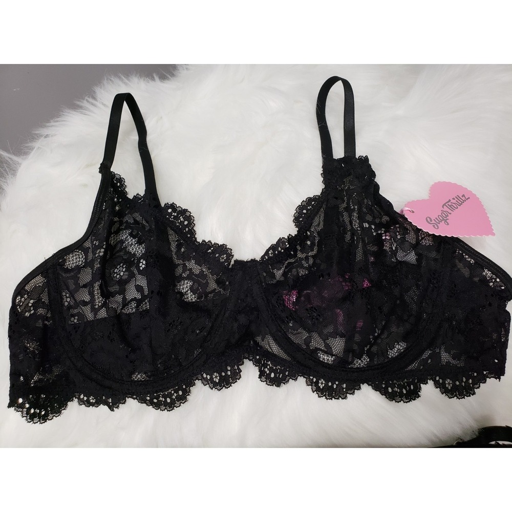 XXL Dolls Kill Sugar Thrillz Lingerie Black lace lingerie bra panty thong set - Picture 2 of 7